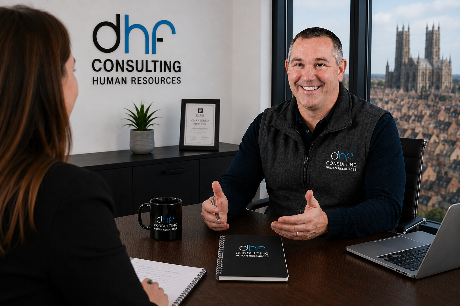 David Heath French providing HR consultancy advice to a business client.