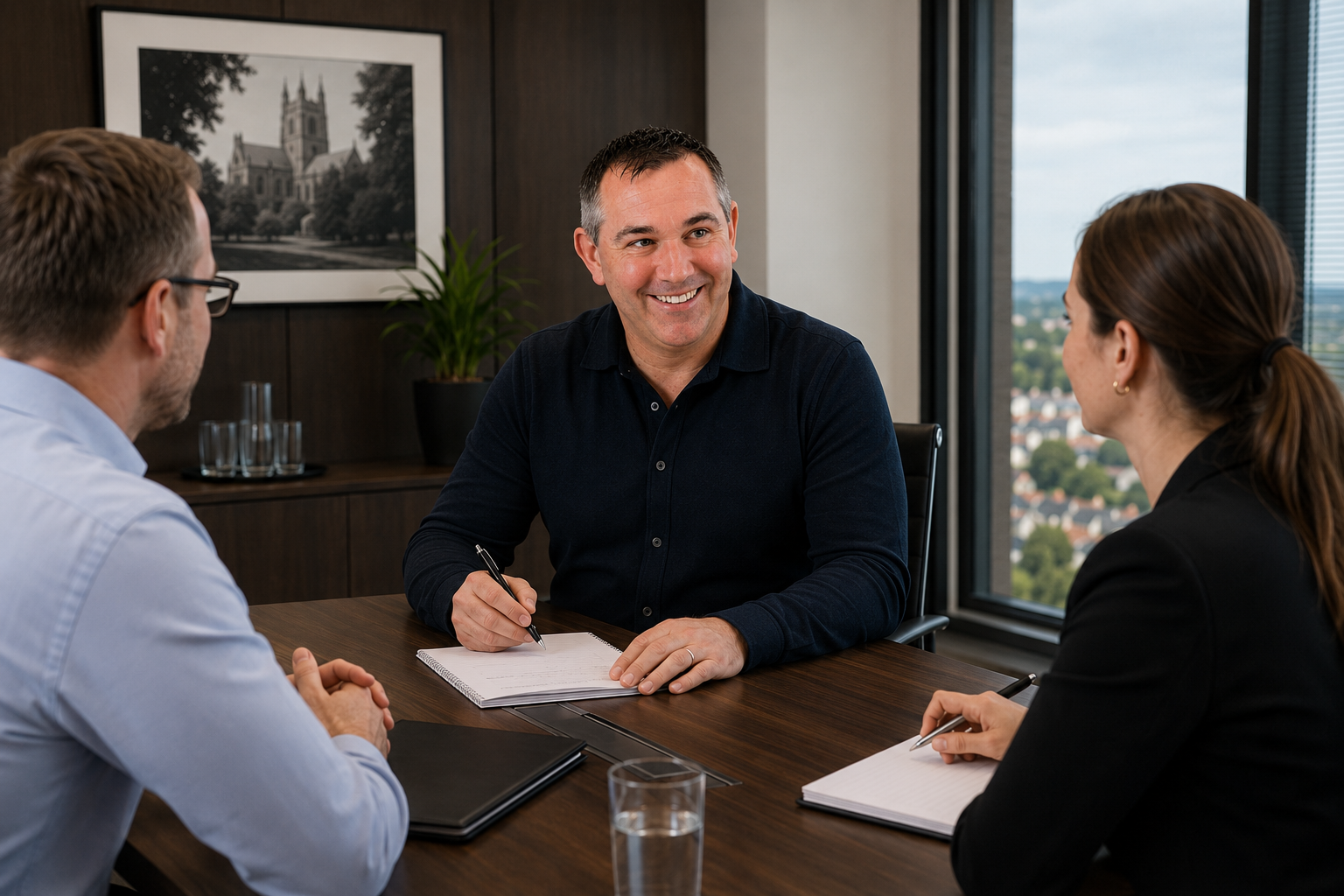 David Heath French leading a professional HR consultancy project meeting with a business manager and employee.